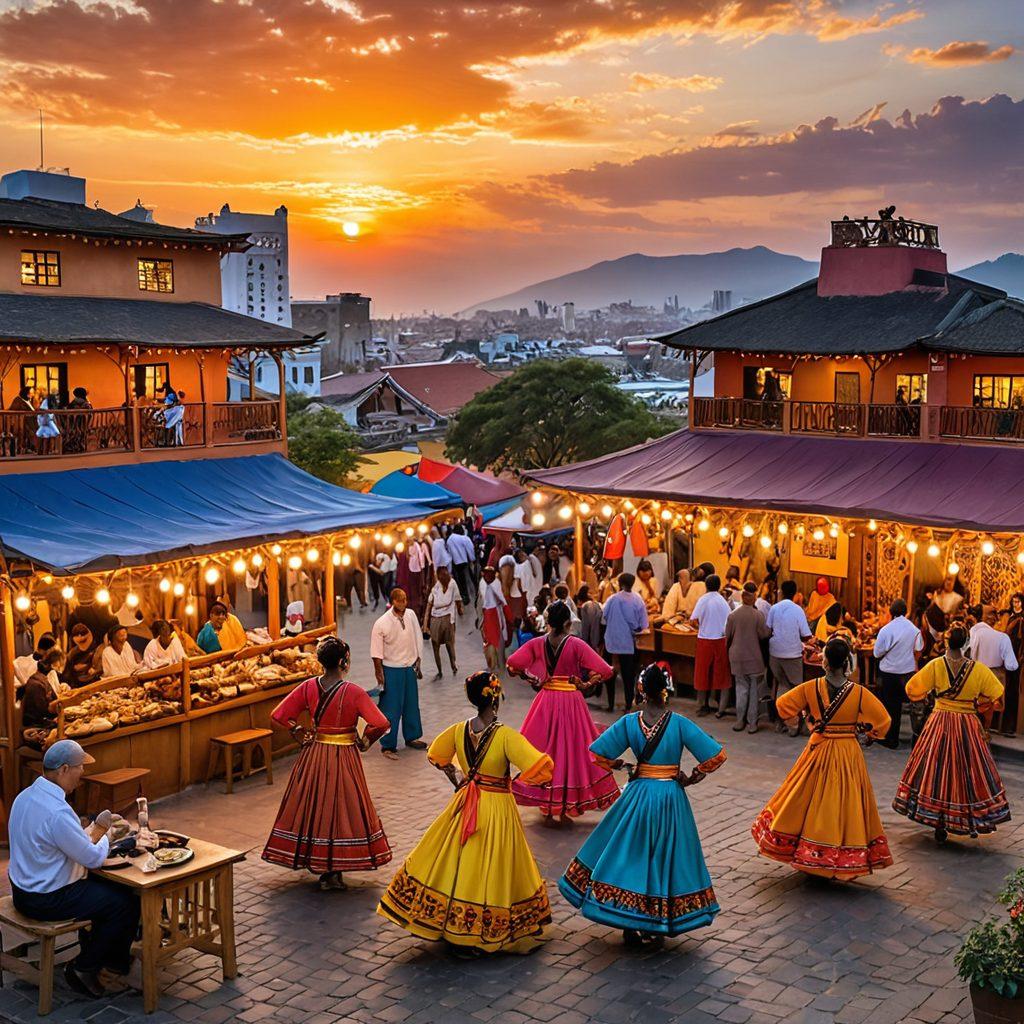 A vibrant scene capturing diverse individuals engaged in various cultural activities, showcasing art, music, and culinary delights. Incorporate elements like street art murals, traditional dancers, and colorful food stalls, all under a radiant sunset sky. Emphasize a sense of community and creativity. Add subtle motifs representing different cultures - musical instruments, textiles, and craftworks. super-realistic. vibrant colors. warm atmosphere.