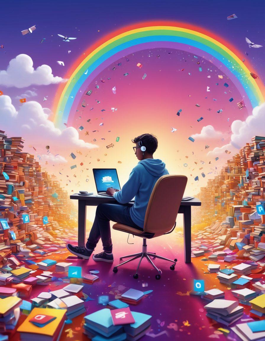 A whimsical illustration of a person sitting at a computer, surrounded by floating digital icons representing various storytelling elements like books, video cameras, and social media. In the background, a vibrant rainbow path leads to a distant horizon, symbolizing a journey through digital storytelling. Soft glowing light illuminates the scene, creating a magical atmosphere. cartoon style. vibrant colors. white background.