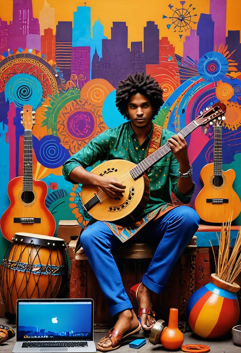A vibrant collage showcasing diverse cultural elements, including traditional instruments, street art, and modern digital storytelling tools like a laptop and camera. Integrate dynamic figures expressing creativity and movement, surrounded by colorful urban landscapes and abstract patterns. The scene should evoke a sense of adventure and self-discovery through lifestyle choices. super-realistic. vibrant colors. 3D.